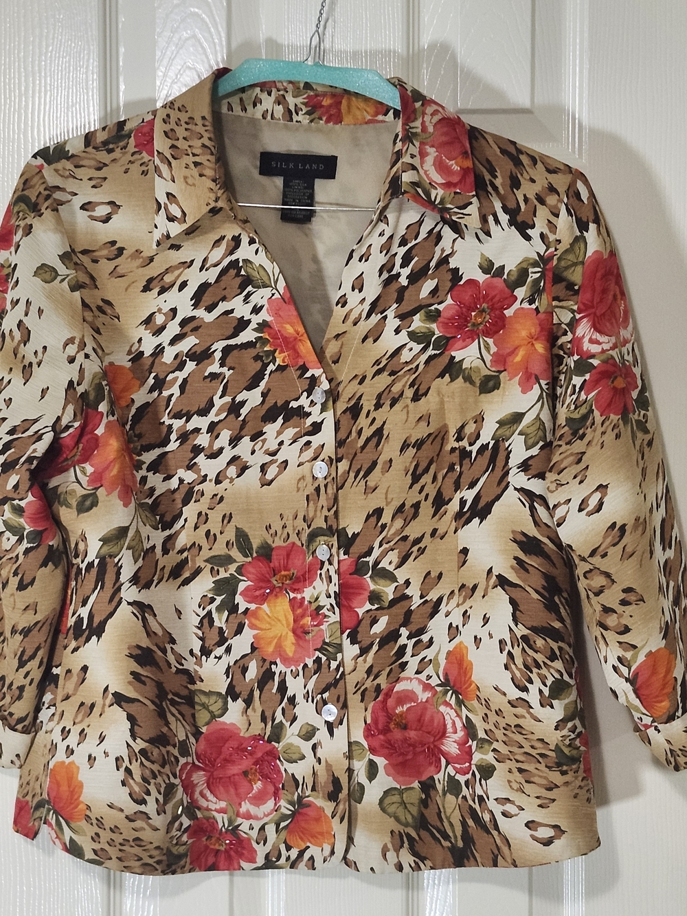 SilkLand Beige Leopard Print Blazer with Red & Orange Floral Accents